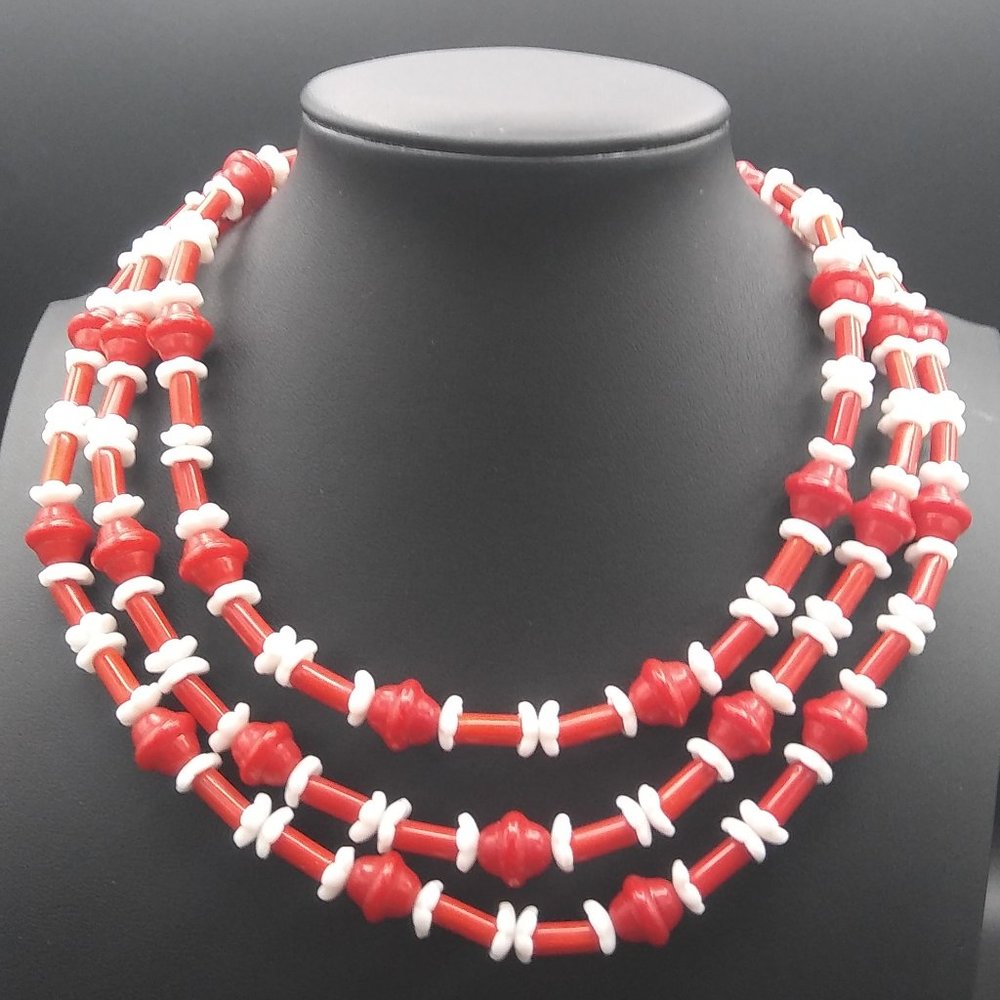 Vintage Red & White 3 Strand Glass Necklace